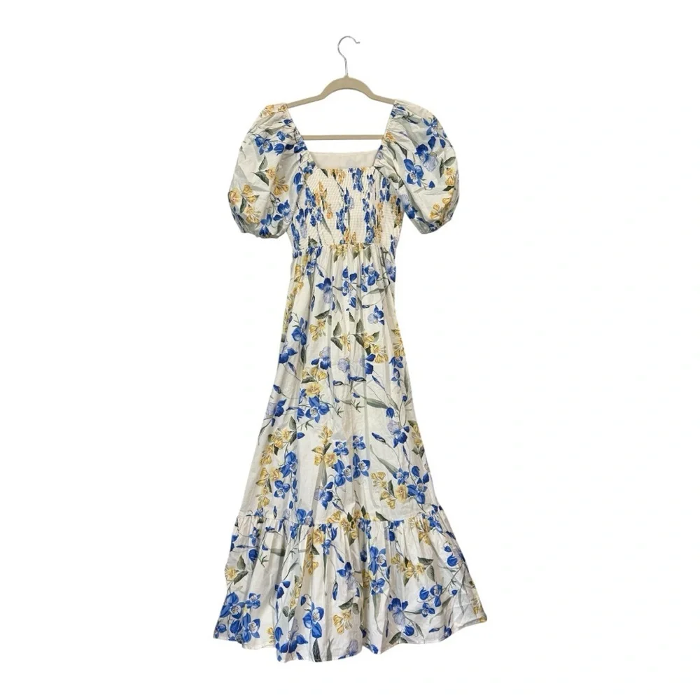 Floral Puff-Sleeve Maxi Dress - White with Blue & Yellow Blooms - Picture 7 of 9